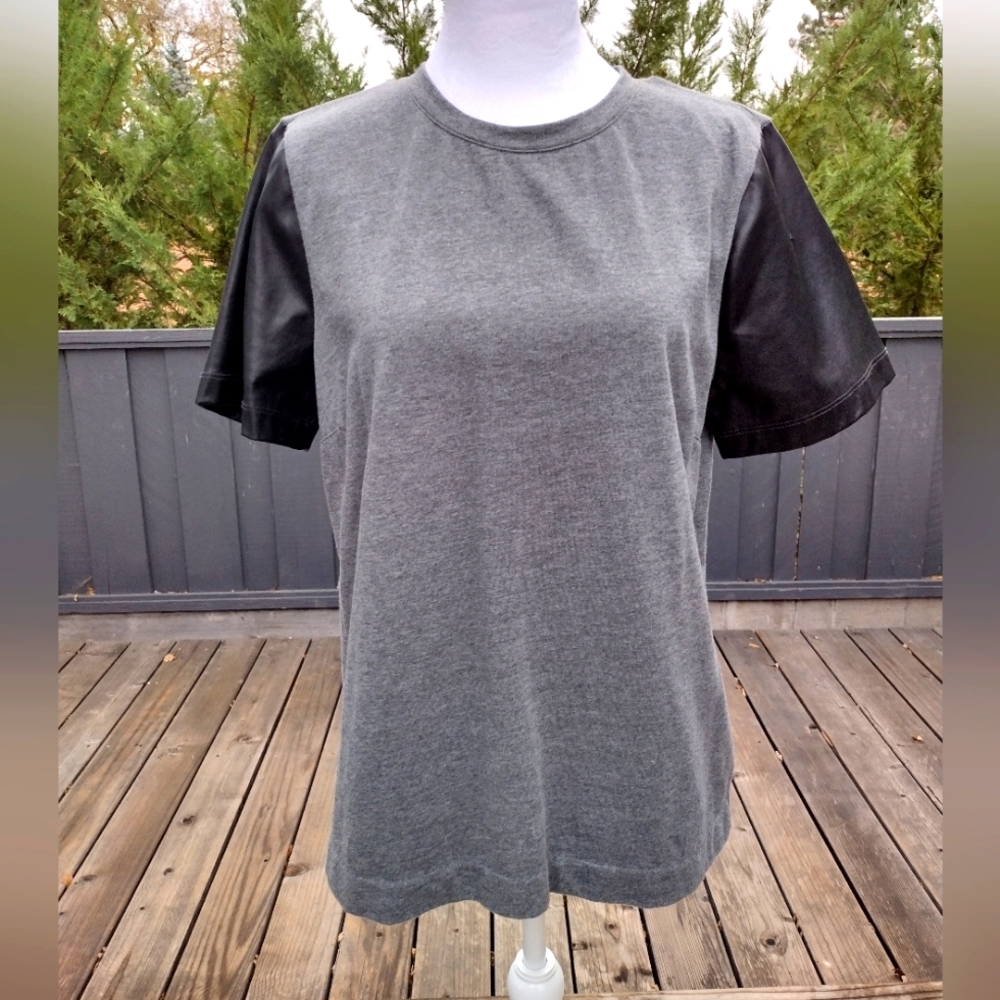 J Crew cotton and faux leather-sleeves tshirt